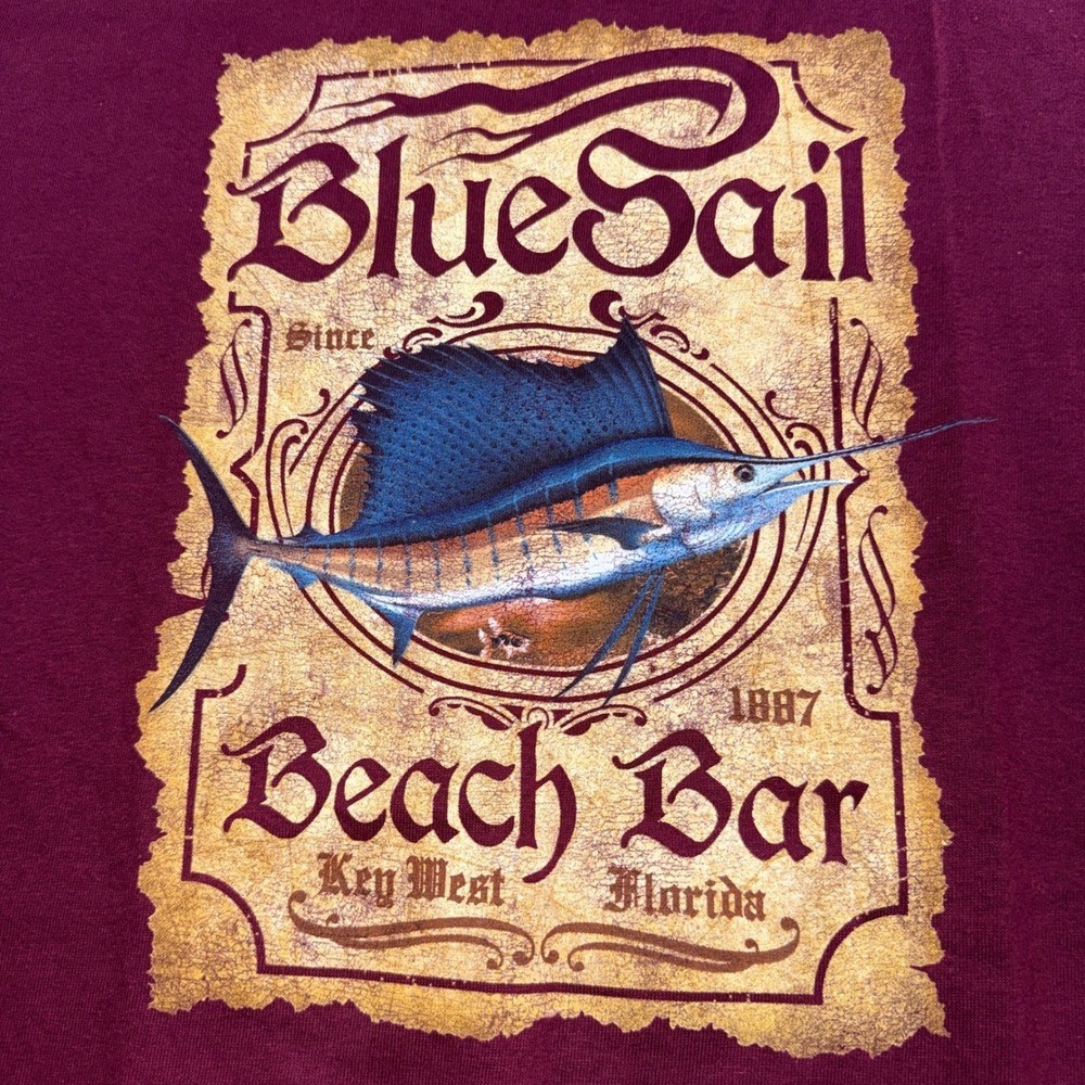Well Worn Blue Sail Beach Bar T-Shirt Men M Burgundy NWOT Key West Marlin